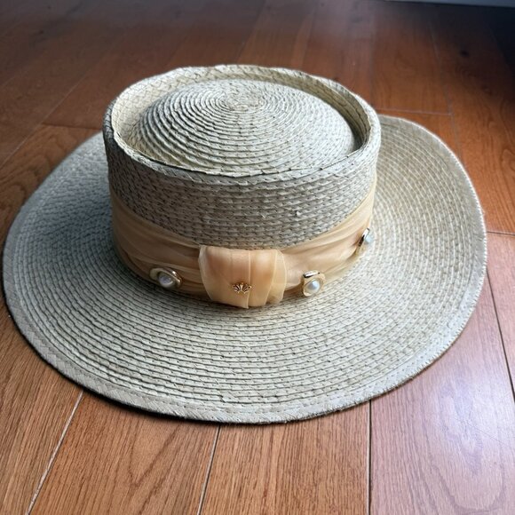 Lele Sadoughi Straw Hat OS Wide Brim Pearl Embellished Ribbon Boater Sun Hat - Picture 1 of 6